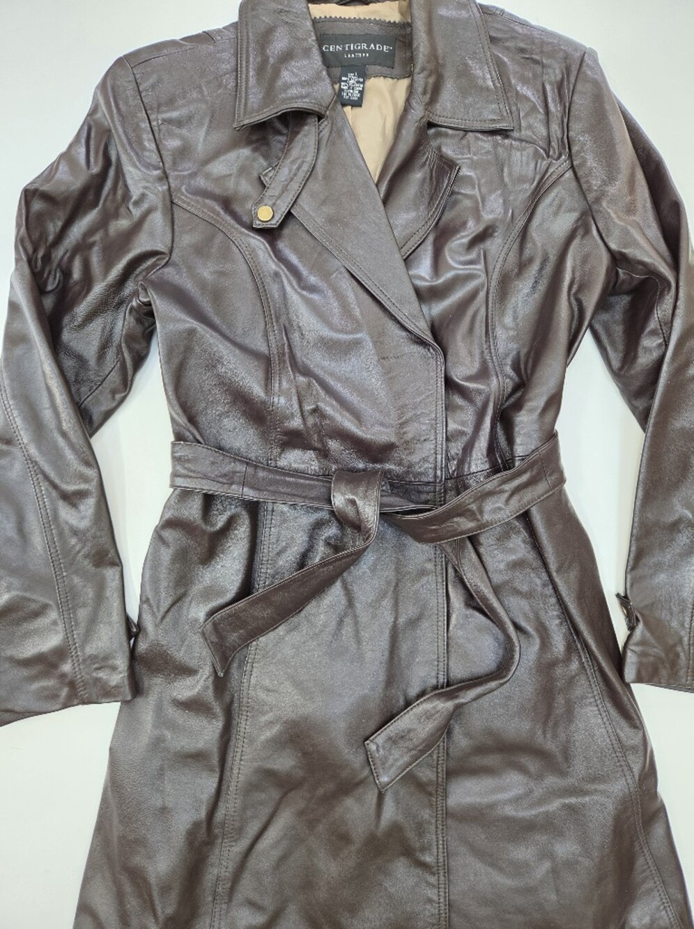 VTG Centrigrade Brown leather belted trench coat 90s classic fall sz L